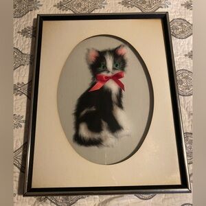 Vintage 1980 Handmade Needle Felted Cat Art | Framed Folk Art